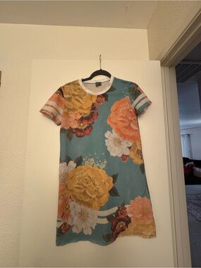 Farm Rio Floral Short Sleeve t shirt Dress in Teal and Yellow